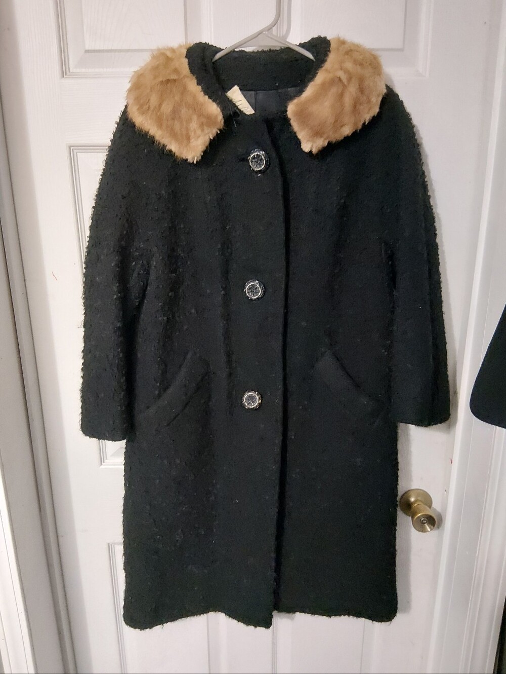 Black Bouclé Pea Coat with Tan Faux-Fur Collar Vintage Willigies Circa 1940-50
